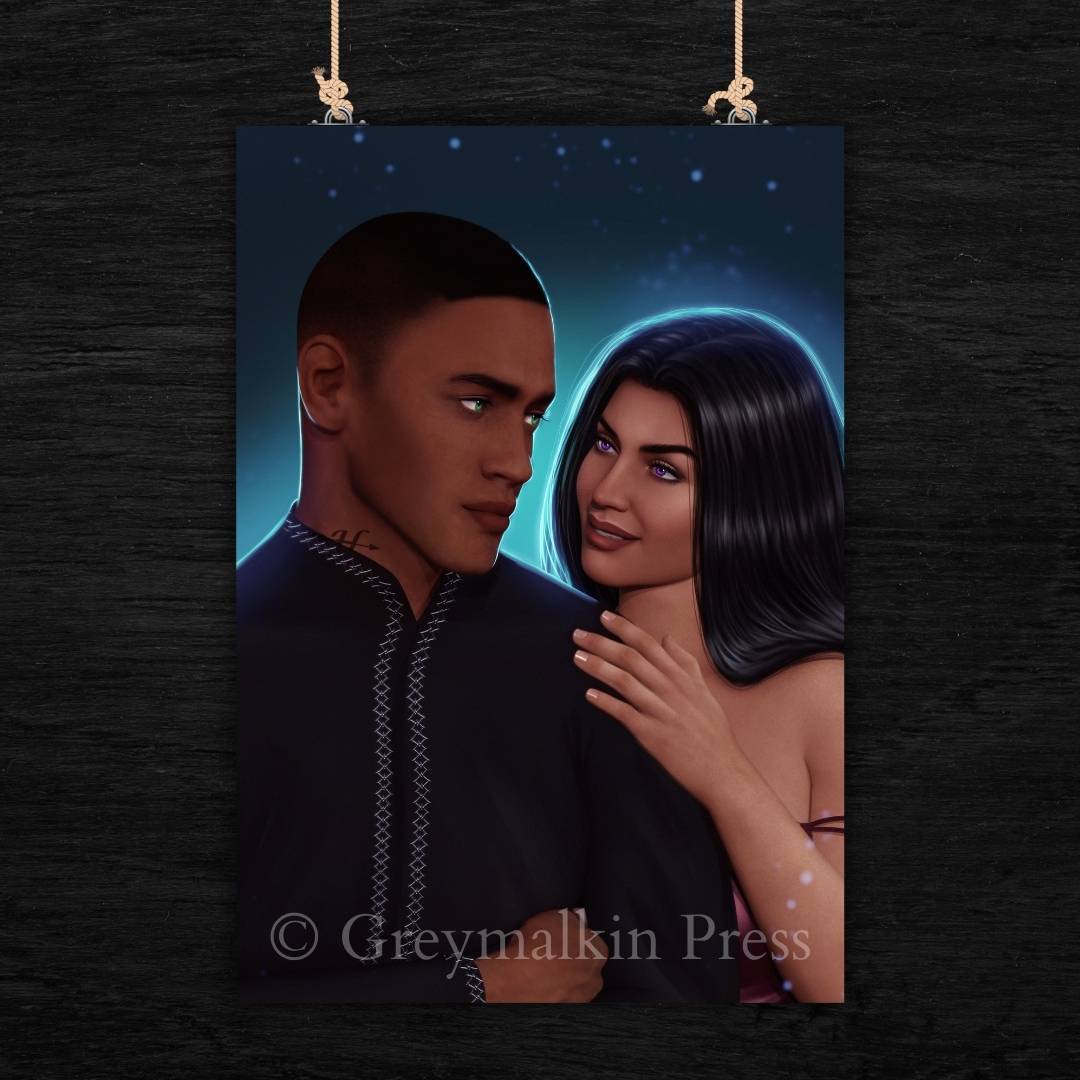 Illustration of a couple embracing with a dark background and 'Greymalkin Press' branding.