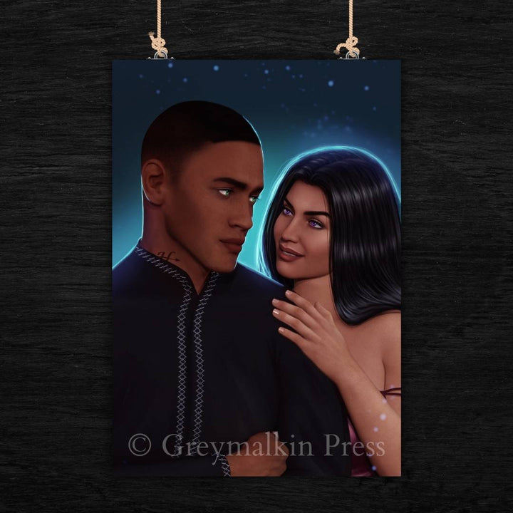 Illustration of a couple embracing with a dark background and 'Greymalkin Press' branding.