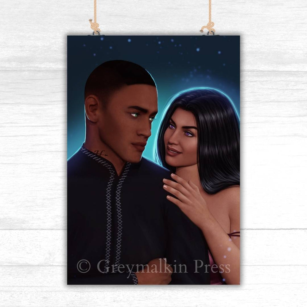 Illustration of a couple embracing with a starry night background, displayed on a white wooden panel.