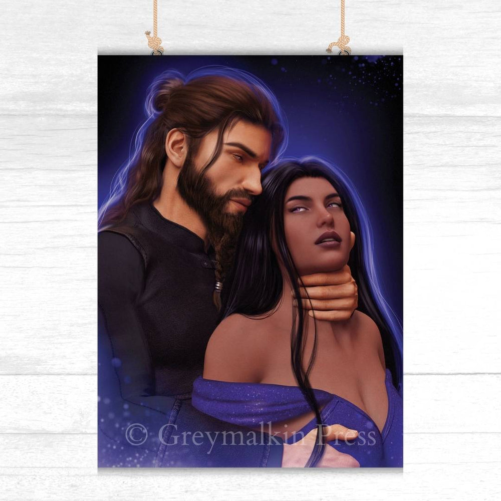 Illustration of a man and woman embracing with a blue glow, hanging on a white wooden panel.